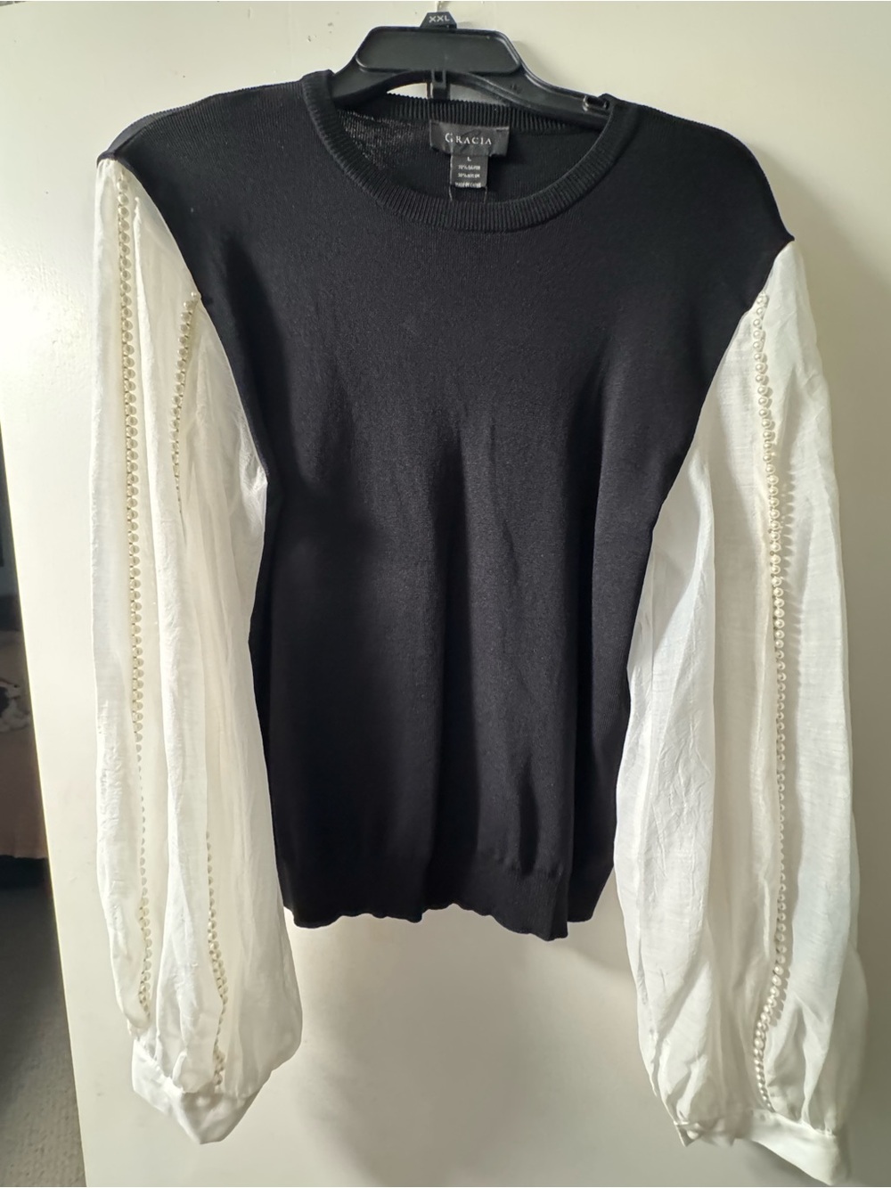 Gracia Black Knit Top with White Sheer Pearl-Trim Sleeves